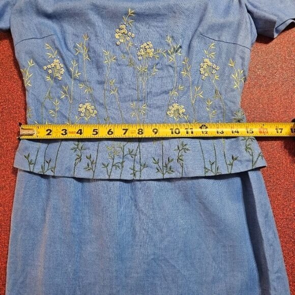 Vtg Maggy London Linen Square Neck Dress Sz 4 Embroidered Beaded Cottagecore - Picture 9 of 10